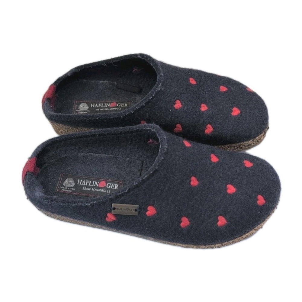 Haflinger Grizzly Cuoricino Mules Clogs Wool Felt Hearts Navy‎ Blue 39 (8.5-9)